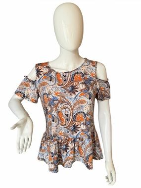 Peach Love California Orange and Blue Paisley Cold-Shoulder Peplum Top